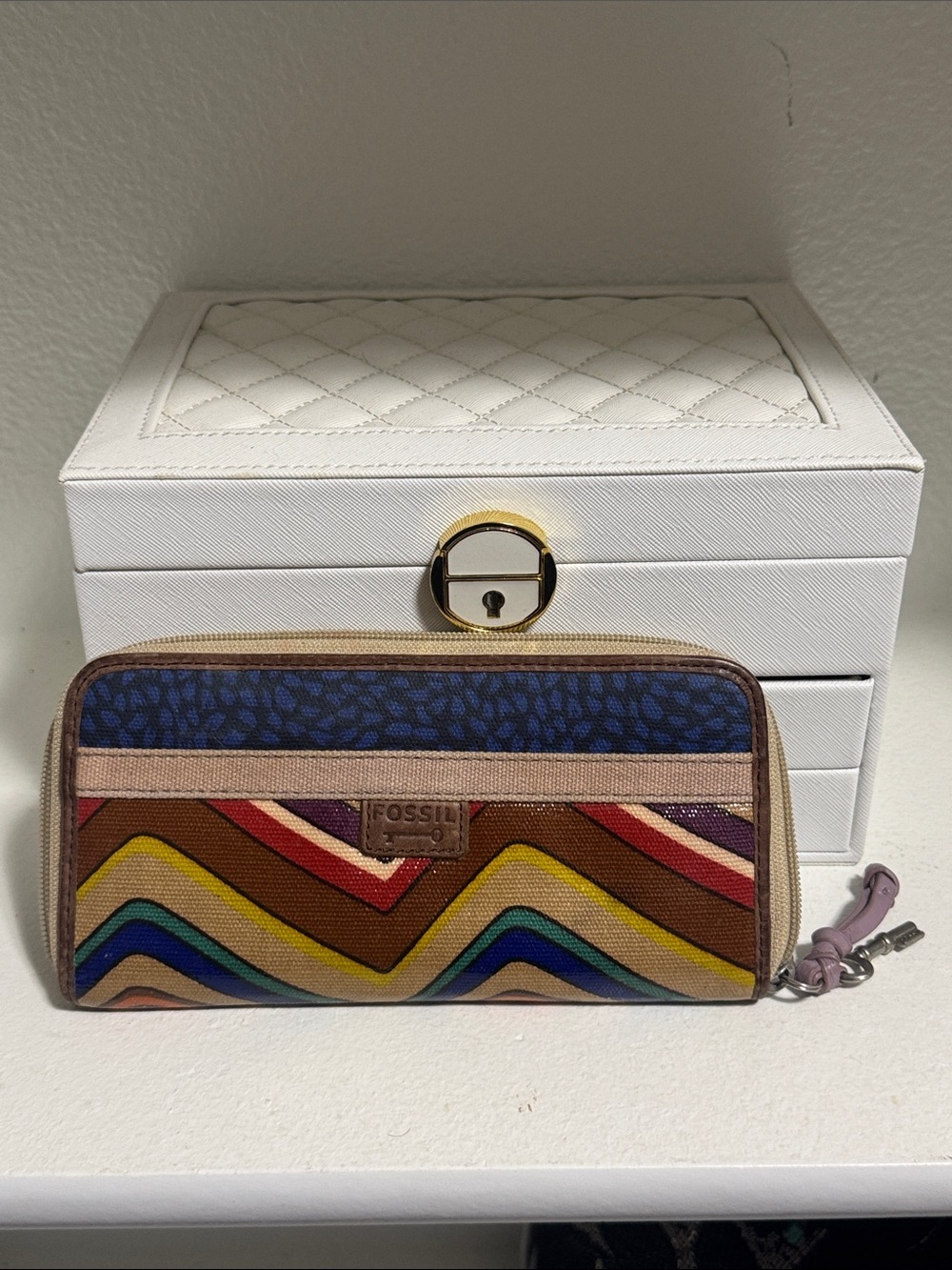 Fossil Multicolor Chevron Zip Wallet with Blue Top Panel